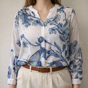 Chicos Butterfly Boho Floral Button Blouse Womens L 12 Sheer Gold Clip Dot Artsy